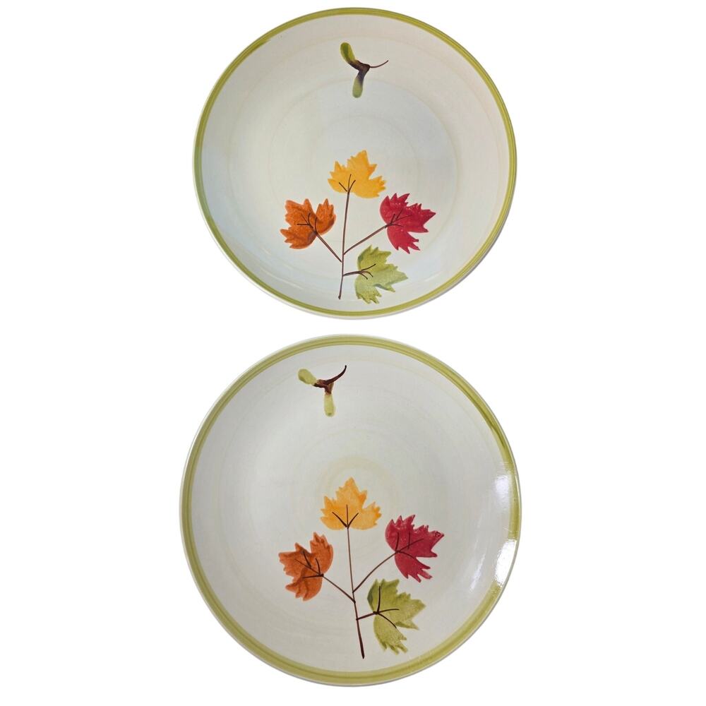 JR2 Autumn Green Brown Maple Leaf 10" Stoneware Dinner Plates Set of 2